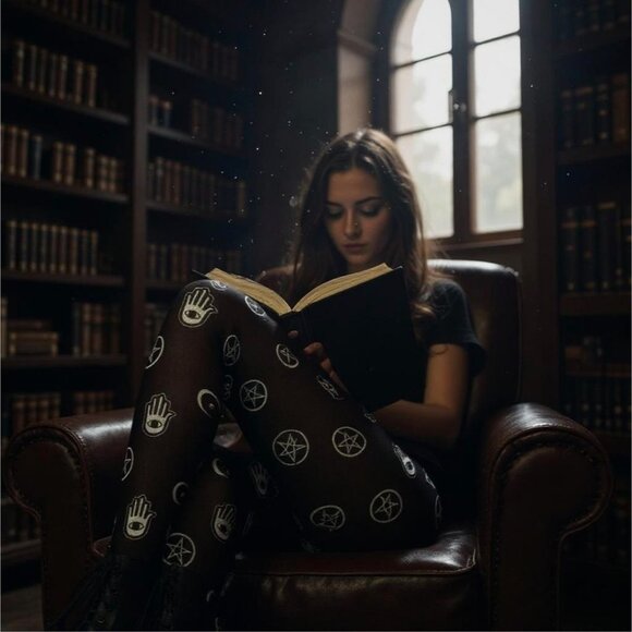 Black Sheer Gothic Stockings | Occult Mesh Pentagram Hamsa Ankhs Symbols OS NWT - Picture 3 of 3